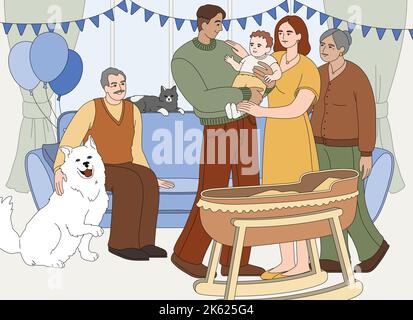 Flat family celebrate infant birth. Young smiling mother and father holding newborn baby boy in hands. Happy relatives welcoming and congratulating parents on new child or birthday at decorated home. Stock Vector