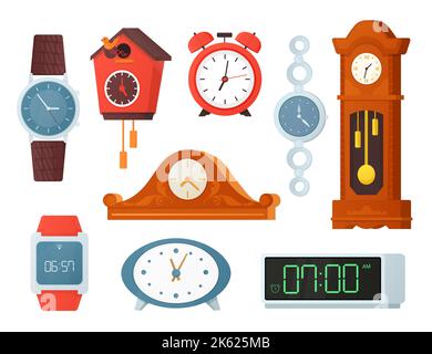 Electronic and analog clocks - flat design style objects set Stock Vector