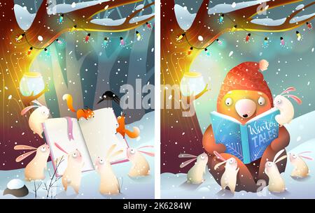 Bear and Bunnies Reading Book in Winter Forest Stock Vector