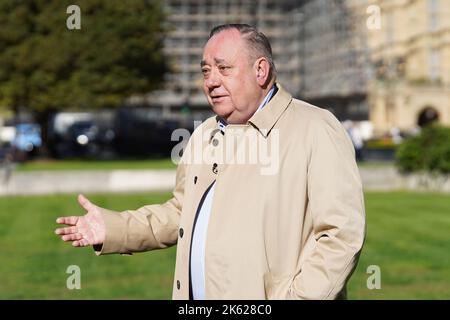 Former First Minister Alex Salmond speaks to the media on College Green, Westminster, London, as judges at the UK Supreme Court are hearing arguments in a case which could allow the Scottish Parliament to legislate for a second referendum on independence. Picture date: Tuesday October 11, 2022. Stock Photo