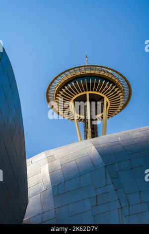 The Space Needle behind the Museum of Pop Culture, Seattle Center, Seattle, Washington, USA