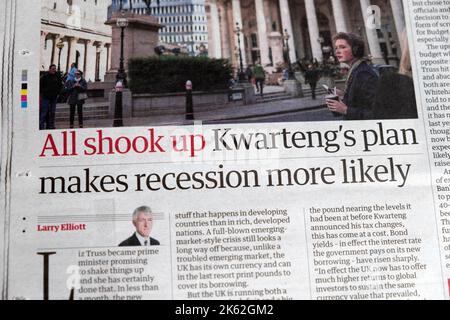 'All shook up Kwarteng 's plan makes recession more likely' Guardian newspaper headline clipping  3 October 2022 London England UK Stock Photo