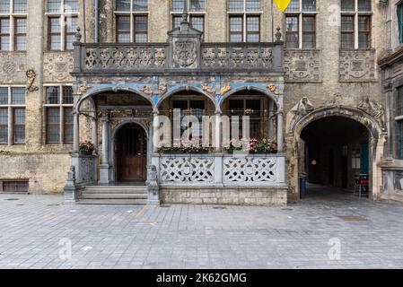 Veurne, West Flanders Region - Belgium - 07 18 2021 Arched facade of the town hall at the old market square Stock Photo
