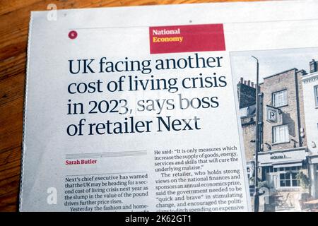 'UK facing another cost of living crisis in 2023, says boss of retailer Next' Guardian newspaper headline 30 September 2022 London England UK Stock Photo