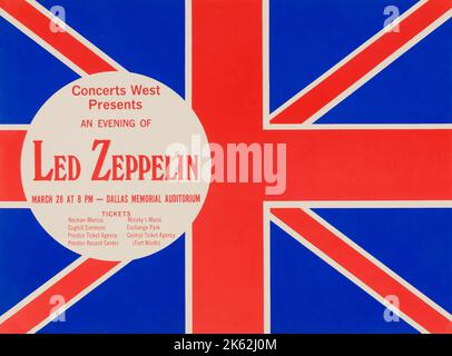 1970 - LED ZEPPELIN - DALLAS MEMORIAL AUDITORIUM CONCERT handbill - Feat. the British Flag 'Union Jack' Stock Photo