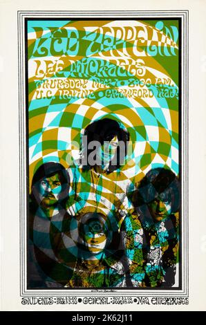 Led Zeppelin 1969 Irvine, California - Psychedelic Handbill feat John Paul Jones, Jimmy Page, Robert Plant, John Bonham. Stock Photo