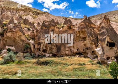 chimney rock formation in Zelve. Turkey Stock Photo