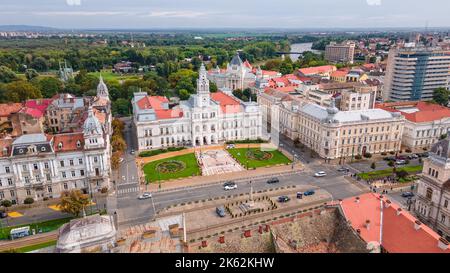 Aerial photography of the city hall in Arad, Romania. Photography shot from a drone at a higher altitude from the front of the administrative palace. Stock Photo
