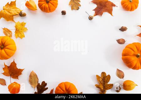 Pumpkins with fall leaves over white background. Top view. Stock Photo