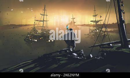 Wizard with a magic wand standing on the ship against the sunset background, digital art style, illustration painting Stock Photo