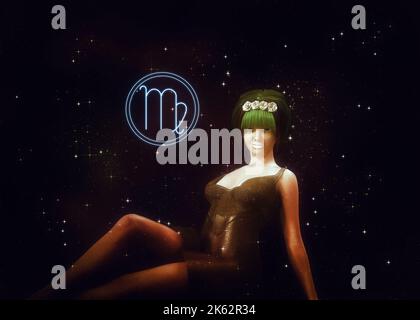 Woman with green hair on starry background, Virgo zodiac sign, 3D Illustration. Stock Photo