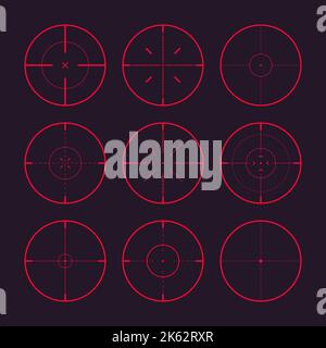 Various sniper rifle night sights, weapon optical scope crosshair. Hunting gun red viewfinder. Shooting mark symbol, aim. Military target sign. Game Stock Vector