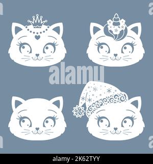 Set of cartoon cat head silhouettes. Template for laser cutting of any materials. For children's design of stencils, Christmas decorations, stickers a Stock Vector