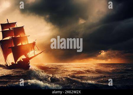 Pirate ship in storm with torn sails. 3D illustration Stock Photo - Alamy