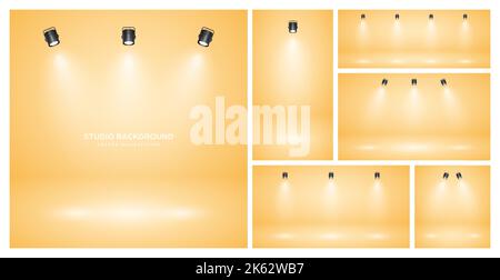Empty yellow studio abstract backgrounds with spotlights. Product showcase backdrop with spotlight effect. Stage lighting. Vector illustration Stock Vector