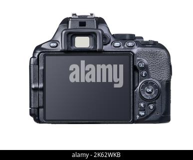 DSLR photo camera back side and viewfinder isolated on white Stock Photo