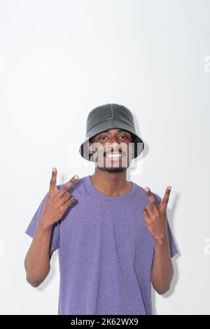 happy hipster man peace gesture positive mood Stock Photo