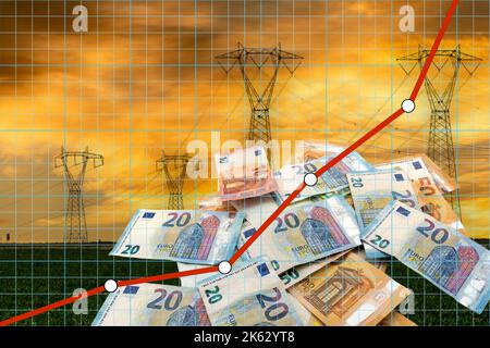 Abstract financial chart with uptrend line electricity price on euro banknotes and electricity pylons at sunset. Concept exponential increase in energ Stock Photo