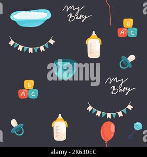 Collection of baby toys icons, hand drawn seamless pattern. backdrop with children goods. Boys toys icon set vector. Decorative illustration, good for Stock Vector