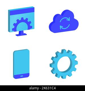 Software and digital devices isometric icon set. Multiplatform application, cloud updates. Vector illustration. Stock Vector