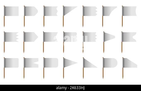 Set realistic white flag isolated on background.3D pillars of different shapes blank pole. Icon collection of flagpole elements and soft layout concep Stock Vector