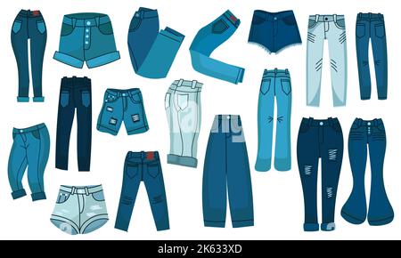Denim pants and jeans shorts. Set fashionable clothes for men and women. Casual blue textile apparel and attire factory trousers with patches and pock Stock Vector