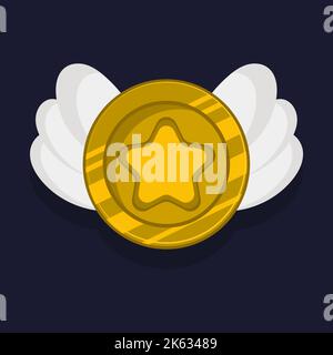 Game achievement badge or rank icon cartoon. Gold award or medal reward. Level up coin with star and element for ui asset. Trophy symbol vector illust Stock Vector