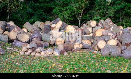 Old ax and a deck for chopping wood. Dry oak firewood stacked in a pile, chopped wood for winter heating of the fireplace. Natural wood background Stock Photo