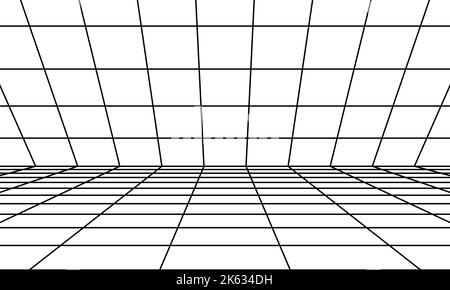 Perspective room with black grid. 3D linear floor and empty interior dimension. Virtual studio wireframe design . Simple cyber space frame and geometr Stock Vector
