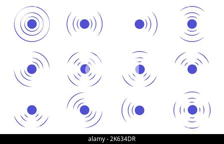 Set echo sonar waves. Blue radar symbols on sea and ultrasonic signal reflection. Collection icon detect and scan vibration or water. Round pulsating Stock Vector