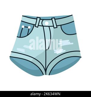 Denim shorts jeans . Fashionable clothes for women. Casual blue textile apparel and attire factory trousers with patches and pocket. Fashion vector il Stock Vector