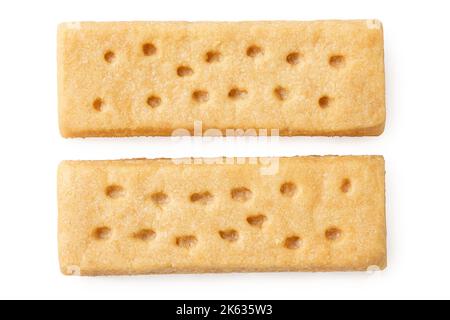 Two parallel butter shortbread finger biscuits isolated on white.Top view. Stock Photo