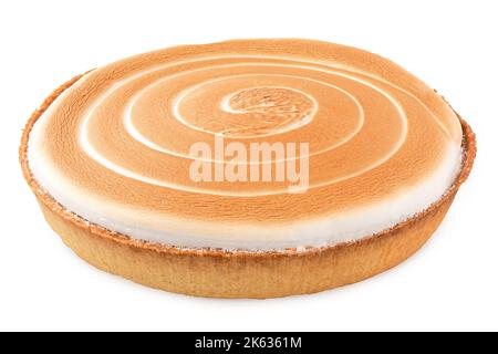 Whole lemon tart with meringue swirl topping isolated on white. Stock Photo
