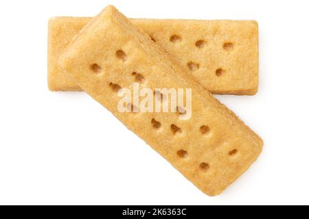 Two butter shortbread finger biscuits isolated on white. Top view. Stock Photo