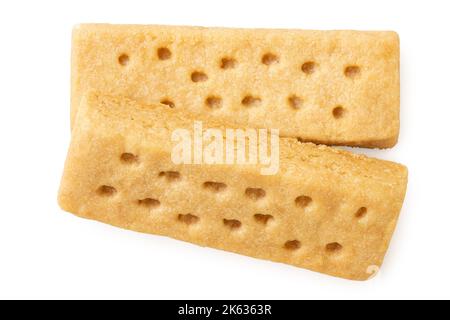 Two butter shortbread finger biscuits isolated on white. Top view. Stock Photo
