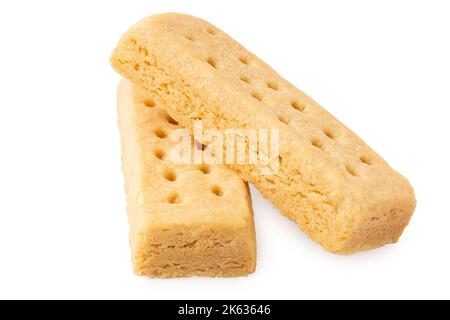 Two butter shortbread finger biscuits isolated on white. Stock Photo