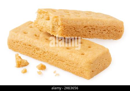 Two butter shortbread finger biscuits isolated on white. One partially eaten. Stock Photo