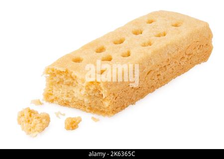 Partially eaten butter shortbread finger biscuit isolated on white. Stock Photo