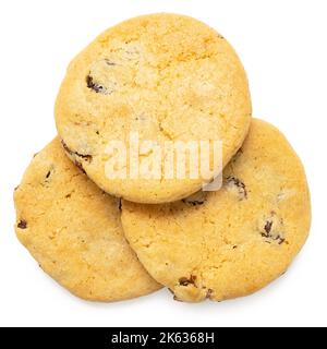 Pile of three all butter sultana cookie isolated on white. Top view. Stock Photo