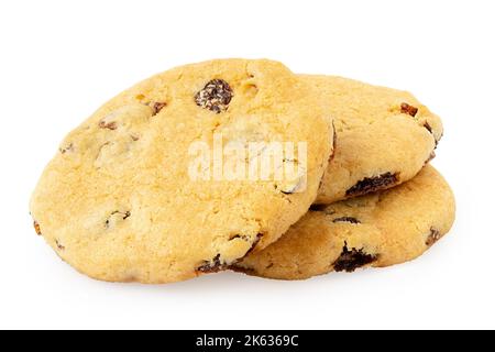 Pile of three all butter sultana cookies isolated on white. Stock Photo