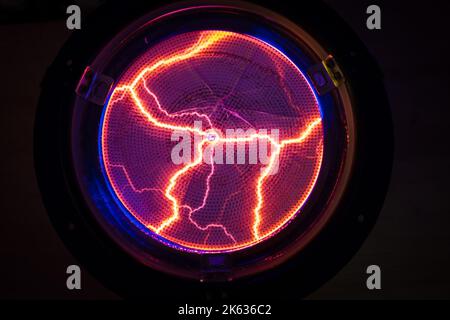 Power energy lightning spark. Dangerous electricity voltage strike. Stock Photo