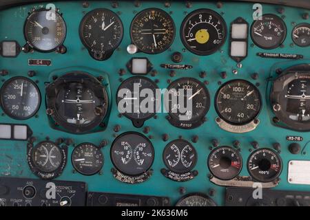 Toggle switches old soviet helicopter mi2 many text on Russian language which translates Light danger Beacon Suspension Cargo Dump Tactical Emergency Stock Photo
