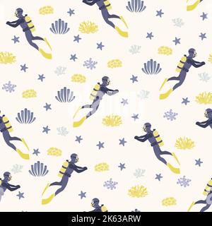 Vector seamless pattern witha diver, algae and starfish .Underwater cartoon creatures.Marine background.Cute ocean pattern for fabric, childrens Stock Vector