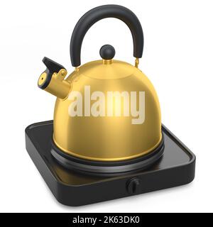 Portable camping electric stove and kettle with whistle on white background.. 3d render travel furnace for preparing food and boiling water in saucepa Stock Photo