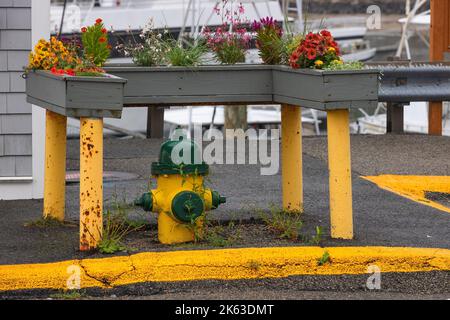 Firehydrant surrounded with flower boxes on steal poles. Stock Photo