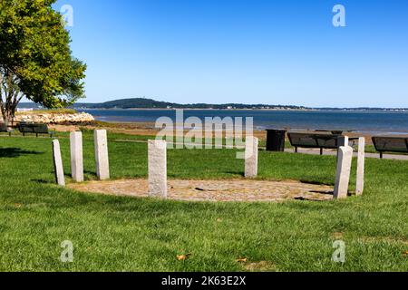 Plymouth, Massachusetts, USA - Solar calander on the waterfront which includes the sunrises, sunsets, equinox and soltice points. Stock Photo