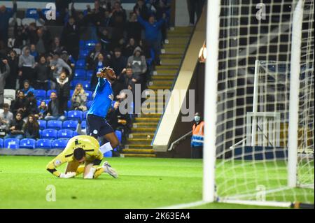 Peterborough, UK. 11th October 2022. Ricky Jade Jones (17 Peterborough United) scores Peterboroughs 3rd goal during the Sky Bet League 1 match between Peterborough and Forest Green Rovers at London Road, Peterborough on Tuesday 11th October 2022. (Credit: Kevin Hodgson | MI News) Credit: MI News & Sport /Alamy Live News Stock Photo