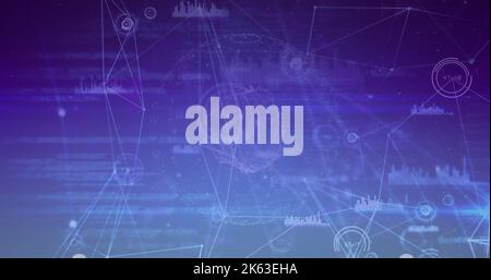 Composition of network of connections with data processing on blue background Stock Photo