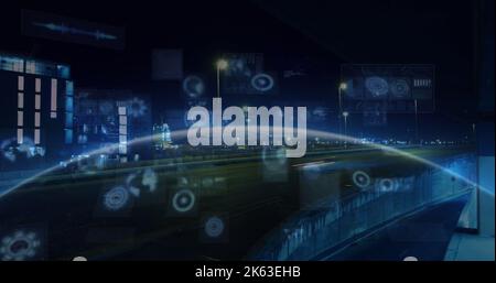 Composition of data processing with scope scanning and globe over cityscape Stock Photo