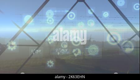 Composition of data processing with scope scanning over electricity pylons Stock Photo